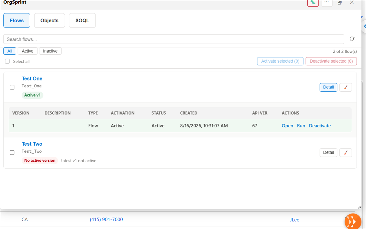 OrgSprint Flow management panel showing active and inactive flow versions