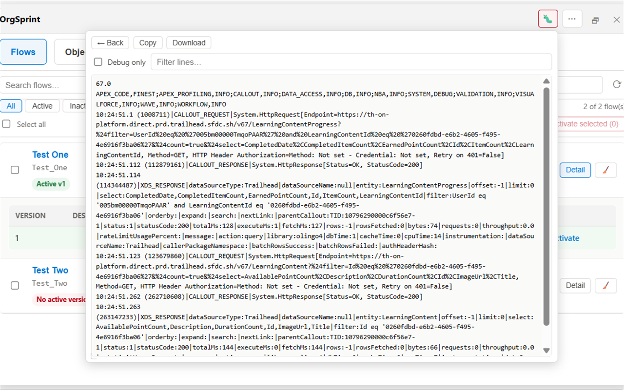 OrgSprint debug log viewer